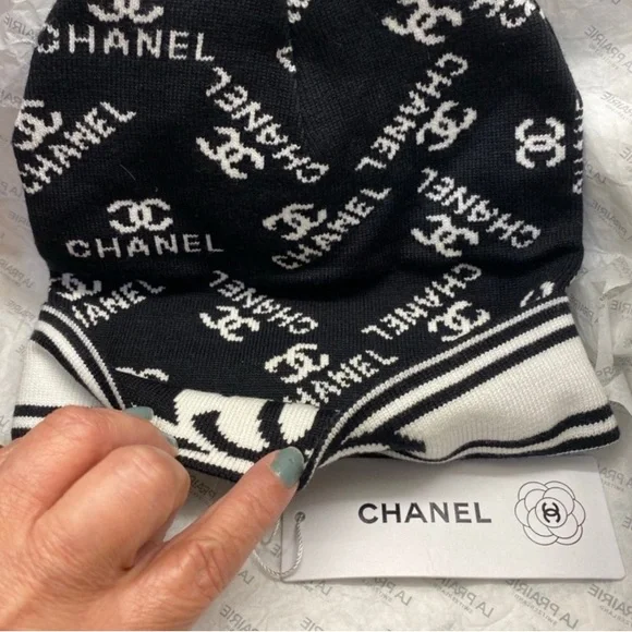 CHANEL Monogram Black and White Knit Hat